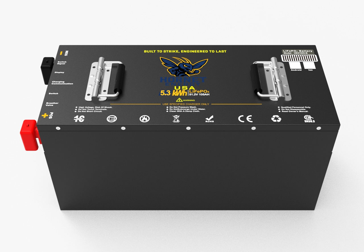 Hornet Energy 51.2V 105Ah LiFePO4 Lithium Battery (Heated Series – Thin Style) – IP66, 300A BMS