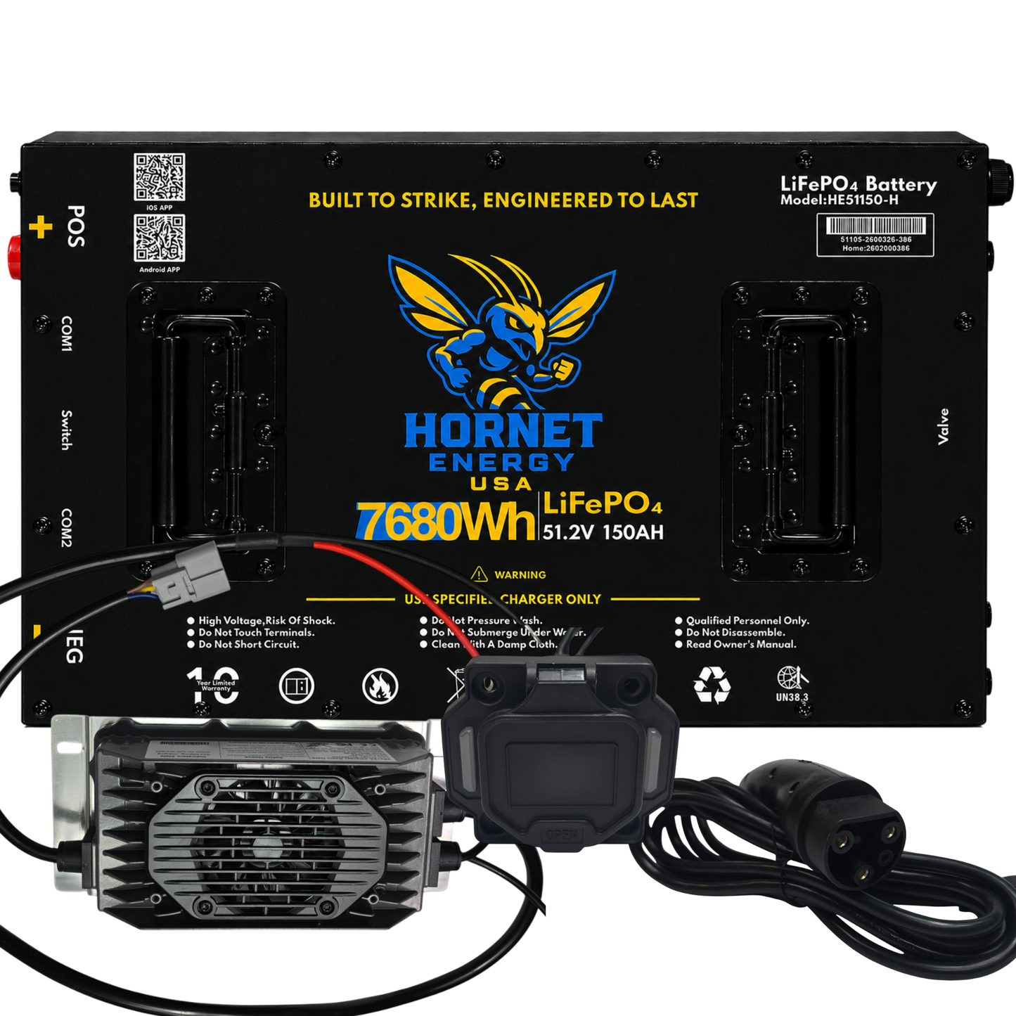 Hornet Energy 51.2V 150Ah LiFePO4 Lithium Battery Bundle Kit – Heated, Fire Suppression, Smart BMS, Bluetooth
